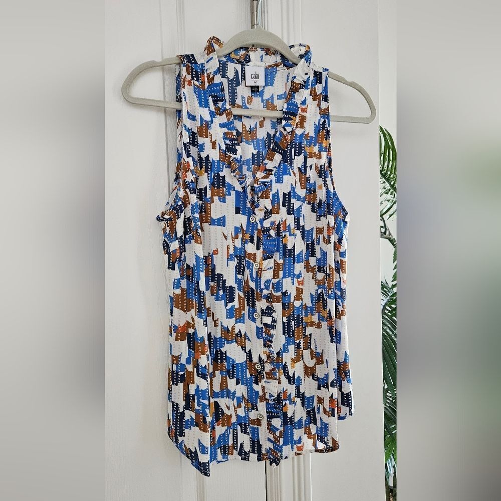 Cabi Women's Sleeveless Abstract Print Tank Top - Blue and Brown